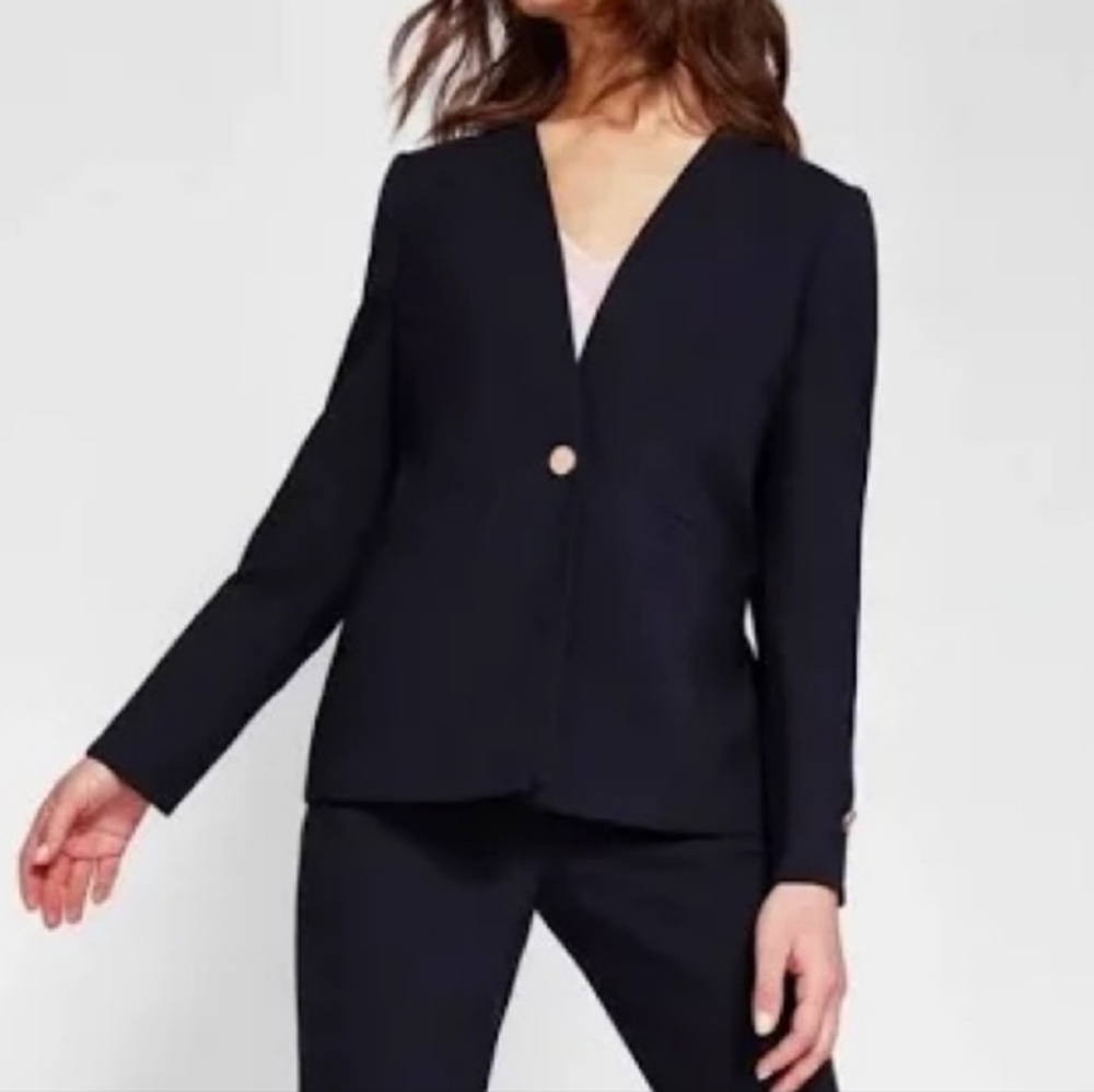 TED BAKER London CERISA Collarless Stretch Wool Blazer Jacket Navy Blue 12
